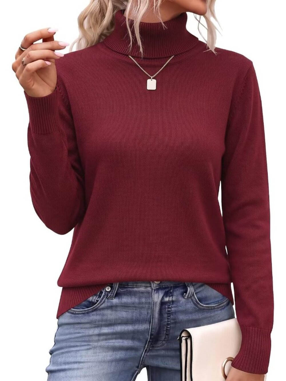 Women’s Wine Red Long Sleeve Spilt Hem Knit Pullover Tops Chunky Knit Sweater